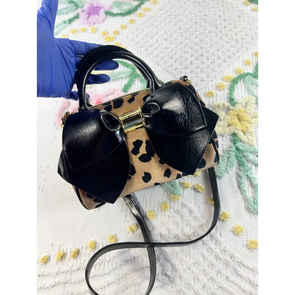 Betsey Johnson Leopard Print Mini Satchel Black Patent Bow Crossbody Bag